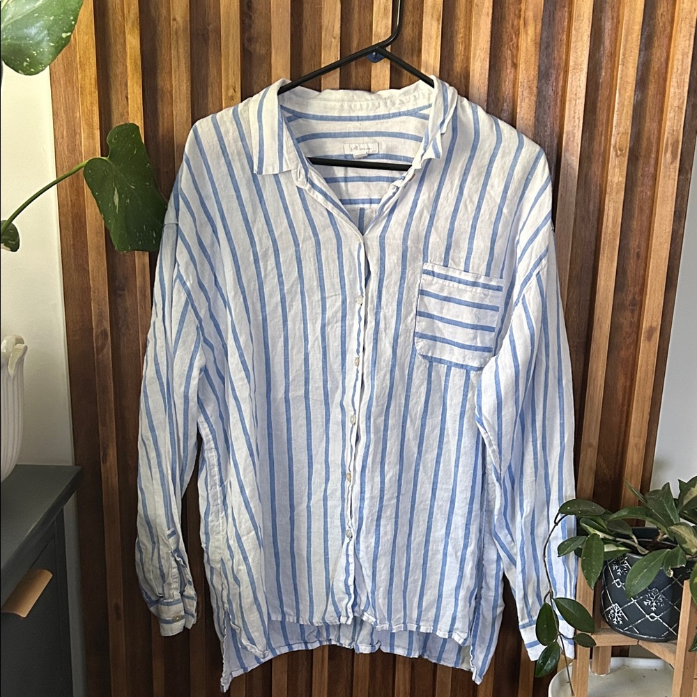 J Jill Love Linen Shirt Top Blue White Long Sleeve Striped. Size XL - Picture 2 of 12